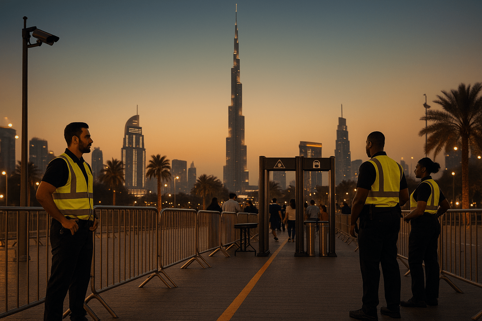 Event security in Dubai — controlled access checkpoint with professional guards and barricades at dusk, Dubai skyline in the background | PSM Dubai