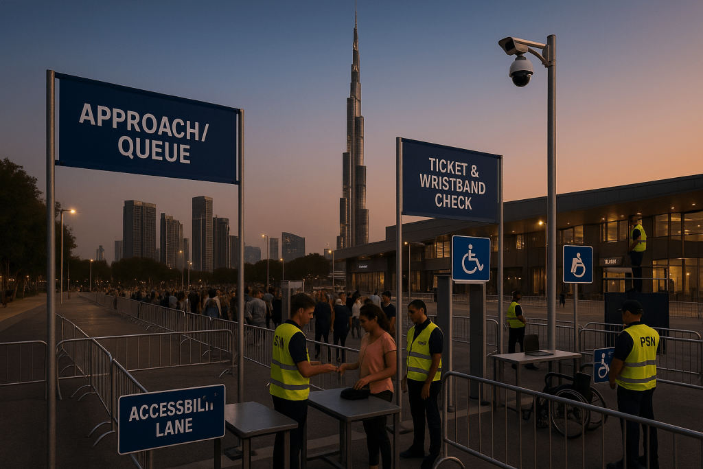 Layered access control at a Dubai event — signed approach queues, ticket & wristband verification, parallel bag screening, dedicated accessibility lane and pram check under CCTV — Burj Khalifa skyline | PSM Dubai