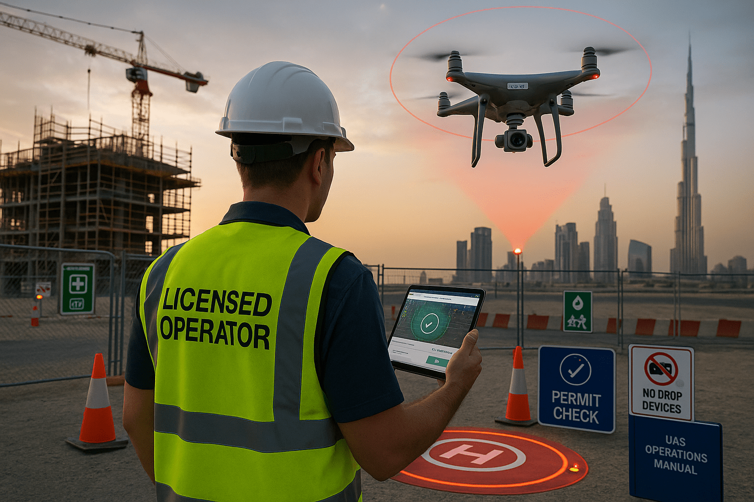 Licensed operator flies a drone over a Dubai construction site at sunset; launch pad, permit check signs and safety gear signal GCAA/DCAA-compliant work.