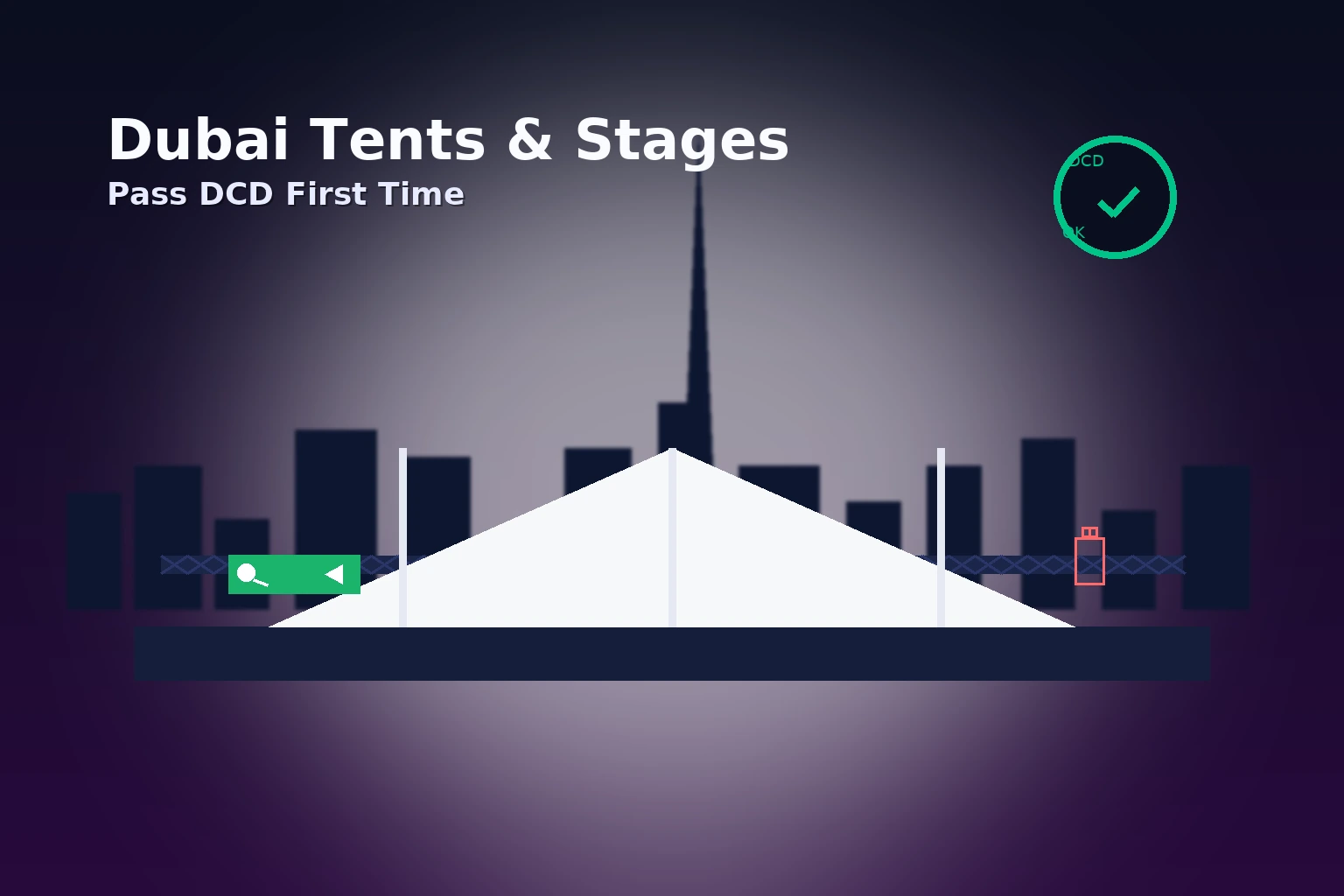 Dubai temporary structure safety: event tent and stage with DCD-approved badge, clear exits and extinguisher icons