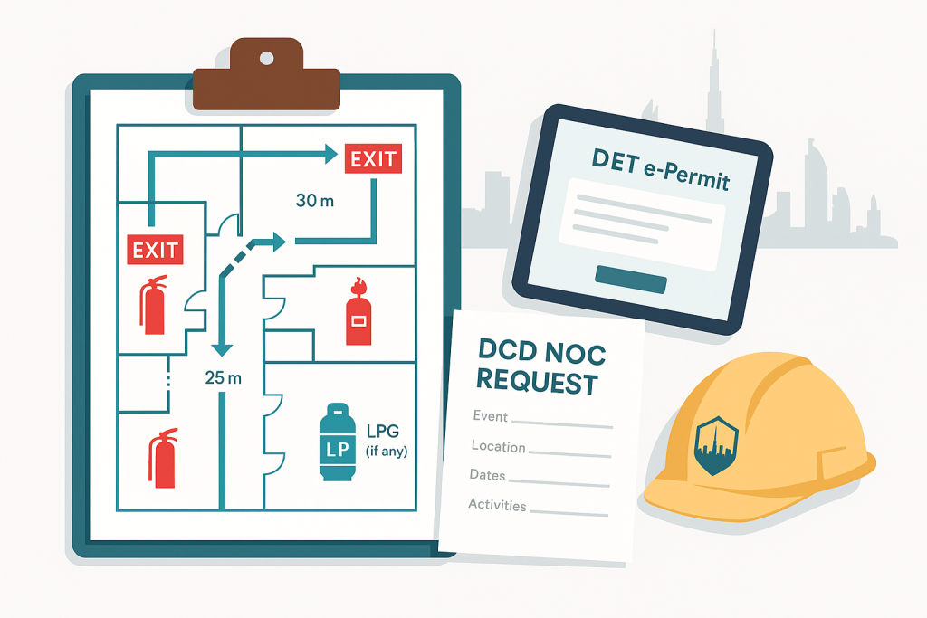 Floor plan with exits, DCD NOC request and DET e-Permit tablet — typical approvals & drawings before you build in Dubai.