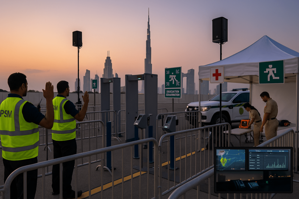 Emergency & evacuation-ready gate setup in Dubai — pinned barriers, sterile lanes, exits staffed, medical post with AED beyond screening, PA tested, control room logging weather/queues — Burj Khalifa skyline | PSM Dubai event security