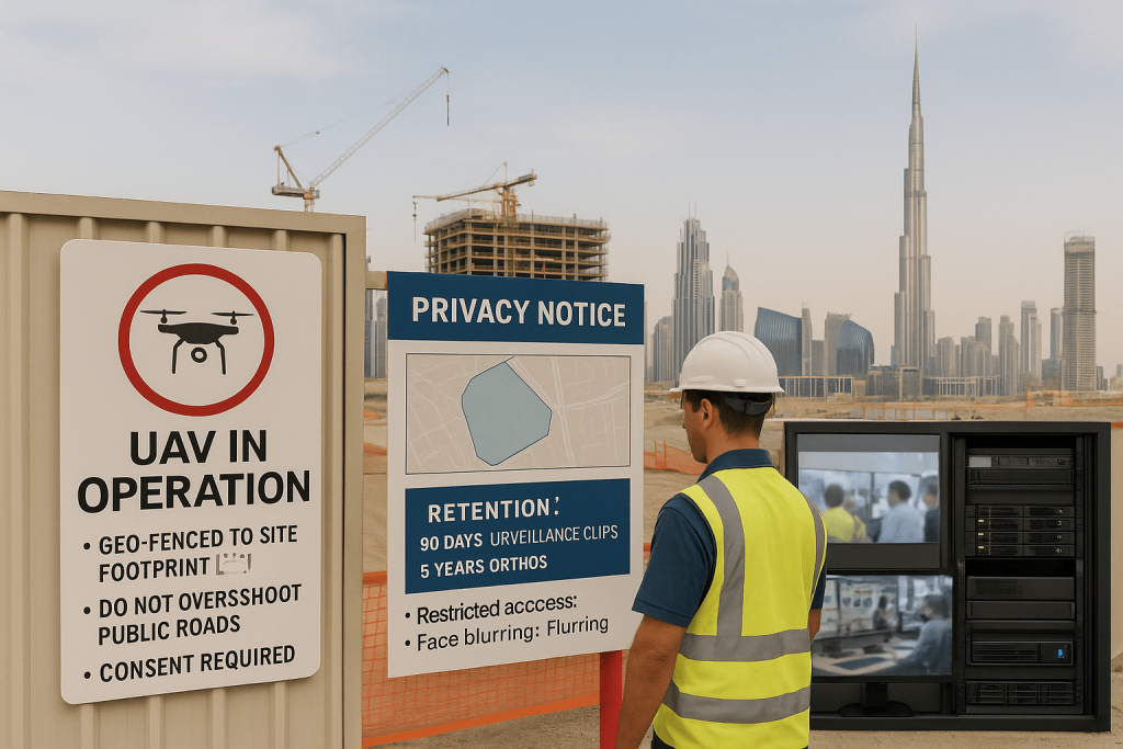 Dubai construction site with ‘UAV in operation’ and privacy notice; geo-fenced flights, access-controlled storage, retention 90 days/5 years, faces blurred | PSM Dubai
