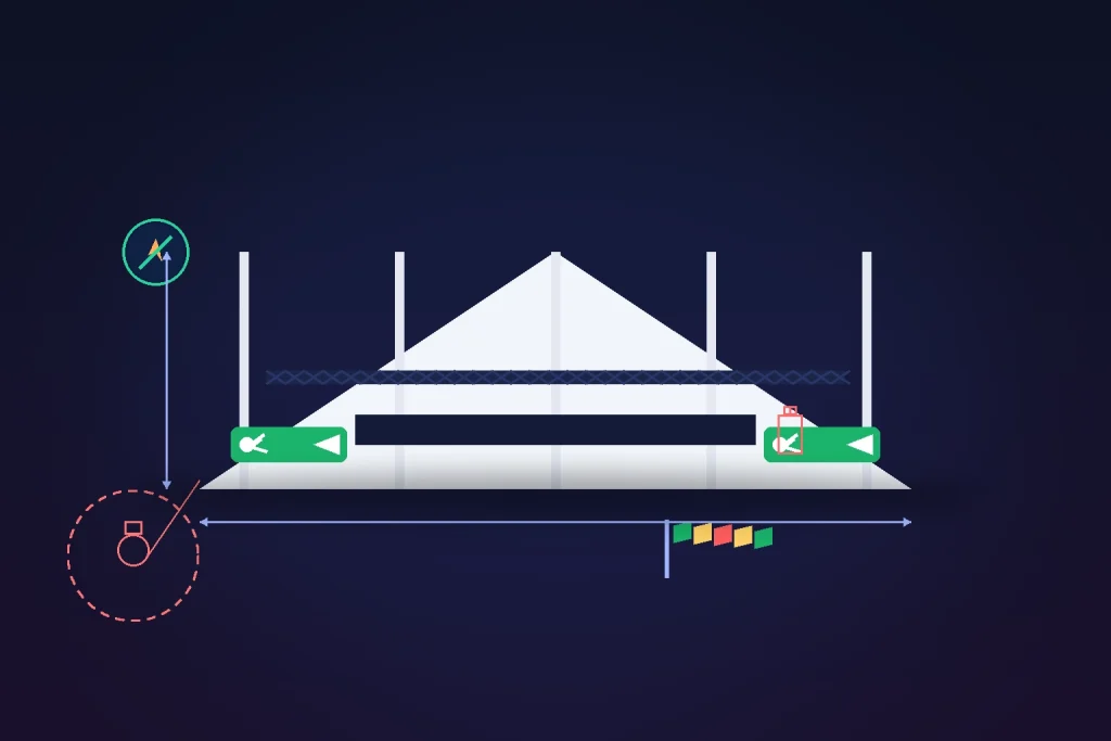 Dubai temporary structure safety: VIP tent with exits, extinguisher, flame-retardant shield, windsock and LPG cylinder set back behind a dashed safety radius